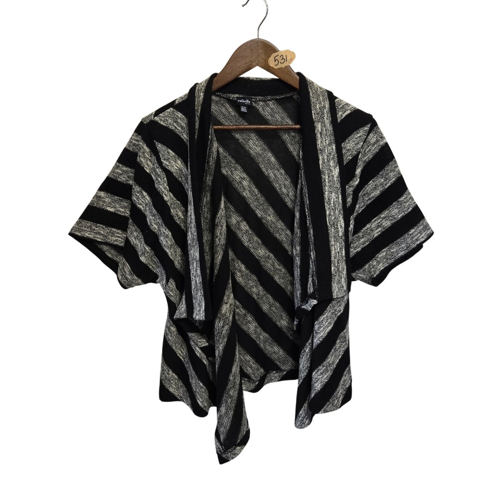 Rafaella‎ Petite Womens Black Grey Striped Open Front Cardigan Short Sleeve M/M